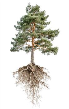 Full view of a pine tree with its extensive root system, isolated against a pure white background. The tree displays a full, healthy canopy of green foliage and a sturdy, light brown trunk. The roots spread widely beneath the soil photo