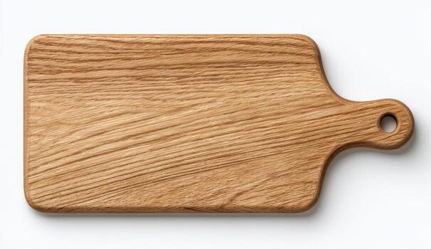 Light brown wooden cutting board, rectangular shape, handle photo