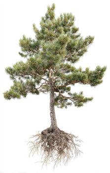 A pine tree with roots on a white background photo