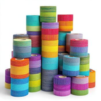 Colorful fabric rolls stacked in a pyramid shape against a white background. The rolls display various vibrant hues and patterns, predominantly horizontal stripes. The rolls vary in shades and intensity, and the fabric appears textured photo