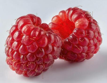 dos vibrante rojo frambuesas, de cerca. cada frambuesa muestra sus segmentario, jugoso carne. multa pelos son visible en el de frutas superficie. en contra un llanura ligero gris antecedentes foto
