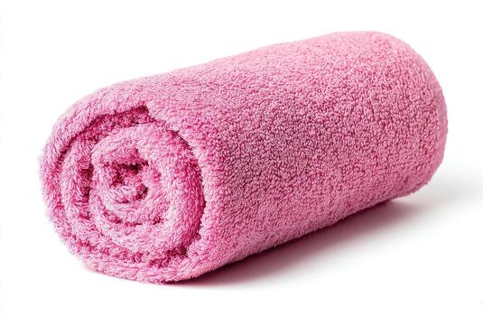 Rolled pink towel against white background photo