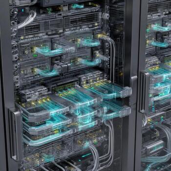Detailed view of server racks, showing intricate wiring and components. Network cables, circuit boards, and cooling systems are visible photo