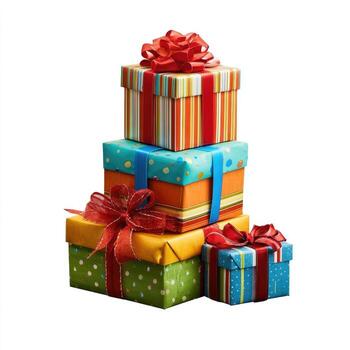 Stacked colorful gift boxes, adorned with vibrant ribbons and bows photo