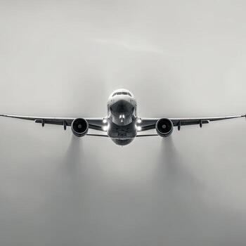 A grayscale shot of a jet airliner in flight. The plane is centered against a plain, light gray backdrop. Its engines are visible, and subtle trails are seen behind it photo