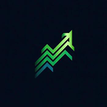 Green, stylized, upward-trending graph, three-dimensional effect. Dark background photo