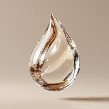 A smooth, amber-toned liquid droplet, seemingly weightless, floats against a muted beige backdrop. Its teardrop shape is elegantly curved, with a subtle, swirling pattern visible within its clear, reflective surface photo