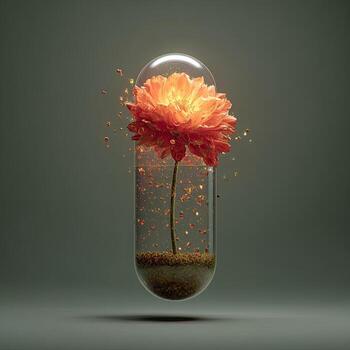 A vibrant orange flower, suspended within a clear capsule, glows with an inner light. Particles of light scatter around it photo