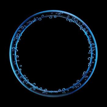 Circular frame of translucent blue liquid, edged with bubbles photo