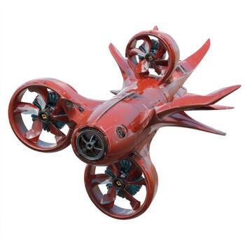 Futuristic, red, flying vehicle with multiple propellers. The elongated, stylized craft has large, angular wings. A central engine and twin propeller assemblies are visible photo