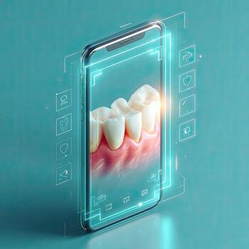 Smartphone displays 3D model of teeth. Medical app interface photo
