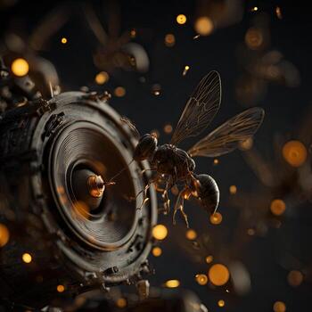 A metallic speaker with a wasp in flight, surrounded by glittering particles, creates a vibrant, dark, and dynamic scene photo