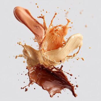 Creamy, various shades of brown liquids in dynamic splashes against a light background photo