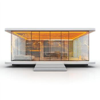 Modern glass-walled pavilion. Exterior view of a contemporary, rectangular building with large glass panels showcasing an interior with warm lighting and marble accents. A simple concrete base supports the structure photo