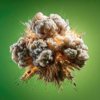 Exploding cloud of smoke and debris against a bright green backdrop. A large, dense, light beige and tan cloud of smoke and fragments radiates outward from a central point photo