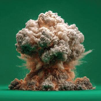 Massive explosion cloud, beige and tan, on green photo