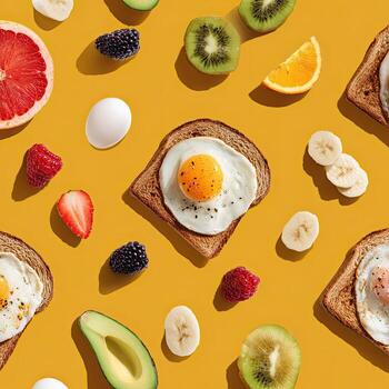 Breakfast food pattern on a yellow background. Slices of fruit, toast, eggs photo