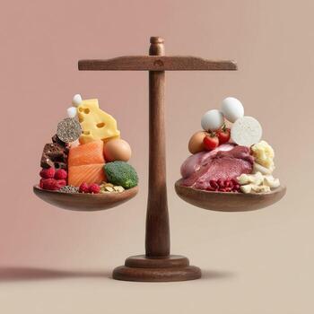 Wooden scale balanced with assorted foods photo