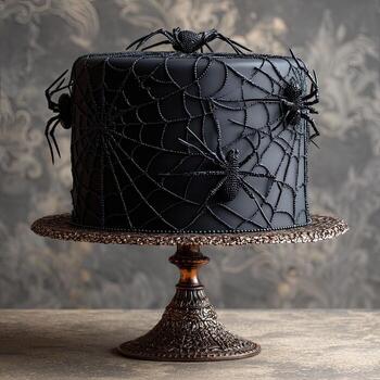 Spooky black cake with spiders and webs photo