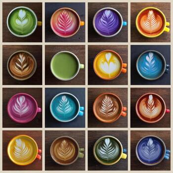 A grid of 16 colorful latte art designs, each in a different-colored cup, showcasing a variety of patterns photo