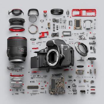 Dissected camera, various components arranged around a central, disassembled DSLR photo