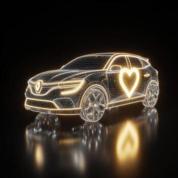 Neon-lit wireframe car with heart symbol. 3D rendering photo