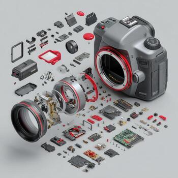 Exploded view of a digital camera, showcasing intricate components photo
