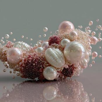 A swirling, 3D arrangement of pearls and beads in blush pink and rose tones, with a soft, diffused light photo