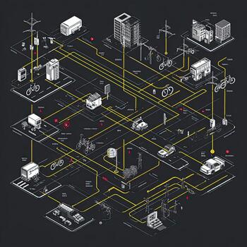 Isometric city network diagram, showing various vehicles and infrastructure connected by a complex network of lines. Urban transportation system, interconnected paths. Dark background. Detailed graphic representation of city's flow photo