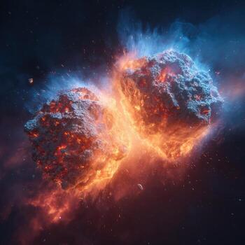 Two fiery space rocks collide in a spectacular explosion of light and debris. Fiery, incandescent fragments burst outwards against a dark, starry backdrop photo