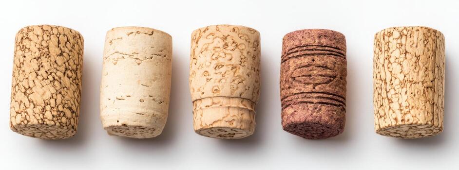 Five wine bottle corks of varying shades of light and dark brown, laid out in a row on a white background photo