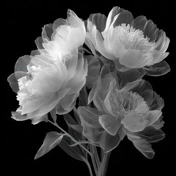 Close-up grayscale image of three peonies. Soft, translucent petals in shades of light gray. Black background photo