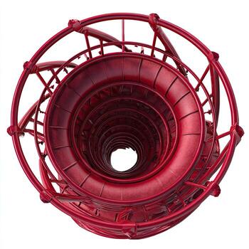 Red spiral staircase, metal railing, top-down view photo