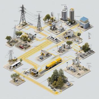 Urban infrastructure network, isometric view. Yellow lines connect various facilities. Power lines, buildings, vehicles, and trees. Detailed city model photo