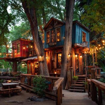 Two colorful treehouses nestled amongst large trees, lit by string lights and outdoor lamps. Wooden decks, walkways, and seating areas surround the structures. Evening ambiance photo