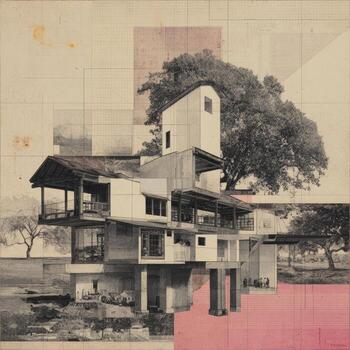 Layered architectural collage, featuring a complex, multi-level structure with trees photo