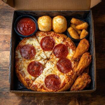Pizza, wings, and snacks in a box. A square cardboard container holds a pepperoni pizza, chicken wings, and small, round snacks. Dipping sauces are included. The food is displayed on a dark wooden surface photo