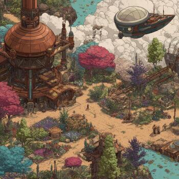 High-angle, detailed view of a stylized, pixelated, fantasy cityscape. Industrial structure with copper-colored details meets a lush, vibrant botanical landscape. A path winds through the scene, leading to a body of water and a flying craft photo