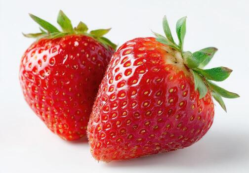 dos fresco, vibrante rojo fresas, brillante con humedad, son desplegado en contra un llanura blanco antecedentes. verde frondoso tapas son visible en cada baya foto