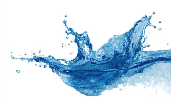 A vibrant water splash against a white background. A dynamic burst of blue liquid, showcasing the texture and form of a water splash in motion photo