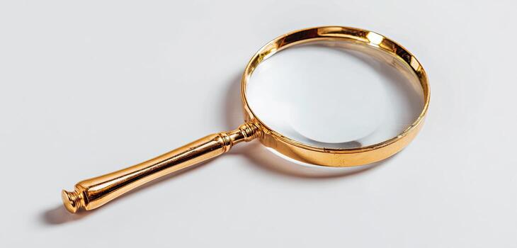 Gold magnifying glass on a light background photo