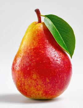 Ripe pear with leaf. A single, fresh pear, vibrant red and yellow, displays a glossy texture with water droplets. A small, green leaf rests atop. Studio shot against a plain white background photo