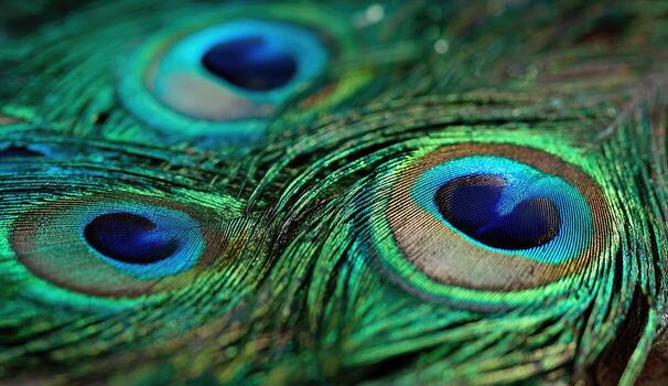 Close-up of vibrant peacock feathers, showcasing intricate patterns and colors photo