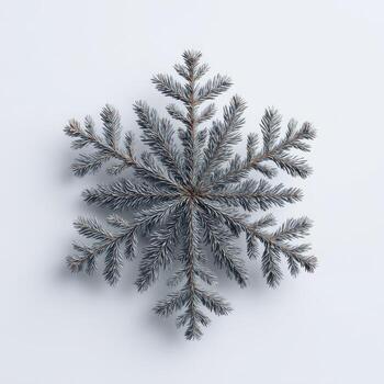 Realistic snowflake crafted from pine needles on a plain white surface, studio shot photo