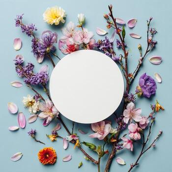 Flat lay of delicate flowers and branches surrounding a blank white circle on a blue background photo