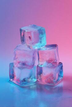 cinco transparente hielo cubitos apilado encima un reflexivo superficie con rosado y azul Encendiendo foto