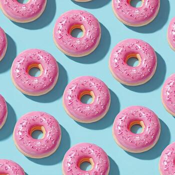 Pattern of pink-frosted doughnuts with sprinkles on a solid light blue background photo