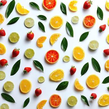 A vibrant, overhead flatlay of sliced citrus, strawberries, and leaves scattered on white photo