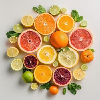 Overhead shot of citrus fruits arranged in a circular pattern with mint sprigs on a white surface photo