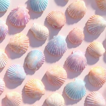 Pastel-colored seashells artfully arranged on a soft pink surface, overhead shot photo
